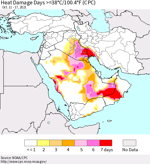 Middle East and Turkey Heat Damage Days >=38°C/100°F (CPC) Thematic Map For 10/11/2021 - 10/17/2021
