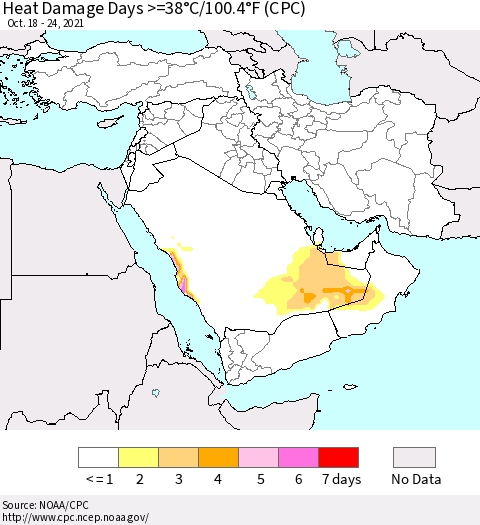 Middle East and Turkey Heat Damage Days >=38°C/100°F (CPC) Thematic Map For 10/18/2021 - 10/24/2021