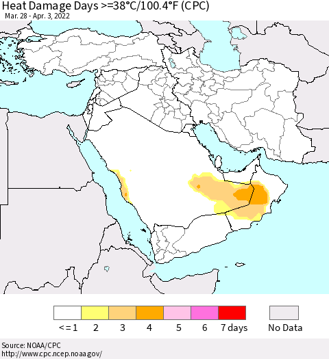 Middle East and Turkey Heat Damage Days >=38°C/100°F (CPC) Thematic Map For 3/28/2022 - 4/3/2022