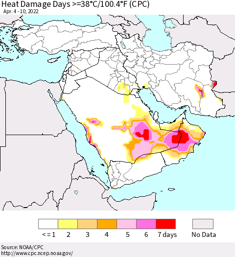 Middle East and Turkey Heat Damage Days >=38°C/100°F (CPC) Thematic Map For 4/4/2022 - 4/10/2022