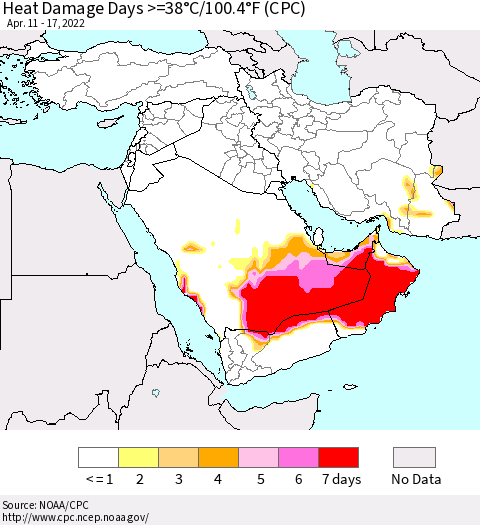 Middle East and Turkey Heat Damage Days >=38°C/100°F (CPC) Thematic Map For 4/11/2022 - 4/17/2022