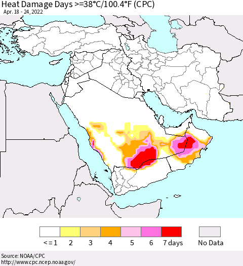 Middle East and Turkey Heat Damage Days >=38°C/100°F (CPC) Thematic Map For 4/18/2022 - 4/24/2022