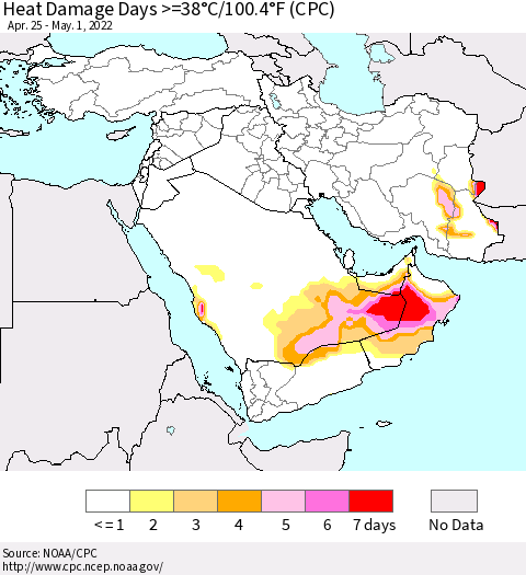 Middle East and Turkey Heat Damage Days >=38°C/100°F (CPC) Thematic Map For 4/25/2022 - 5/1/2022