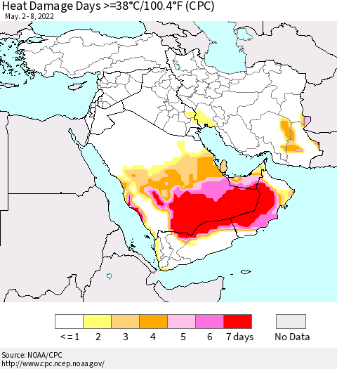 Middle East and Turkey Heat Damage Days >=38°C/100°F (CPC) Thematic Map For 5/2/2022 - 5/8/2022