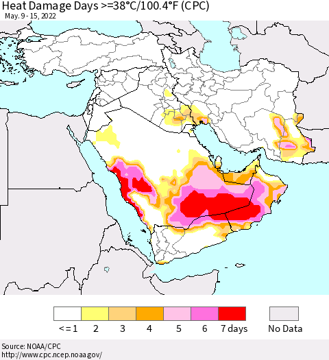 Middle East and Turkey Heat Damage Days >=38°C/100°F (CPC) Thematic Map For 5/9/2022 - 5/15/2022