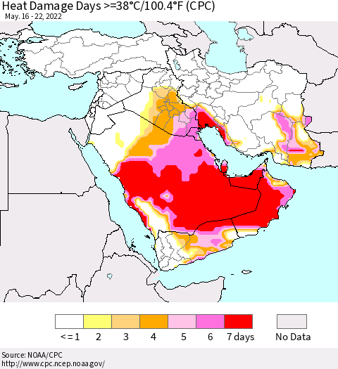 Middle East and Turkey Heat Damage Days >=38°C/100°F (CPC) Thematic Map For 5/16/2022 - 5/22/2022
