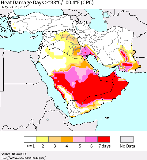 Middle East and Turkey Heat Damage Days >=38°C/100°F (CPC) Thematic Map For 5/23/2022 - 5/29/2022