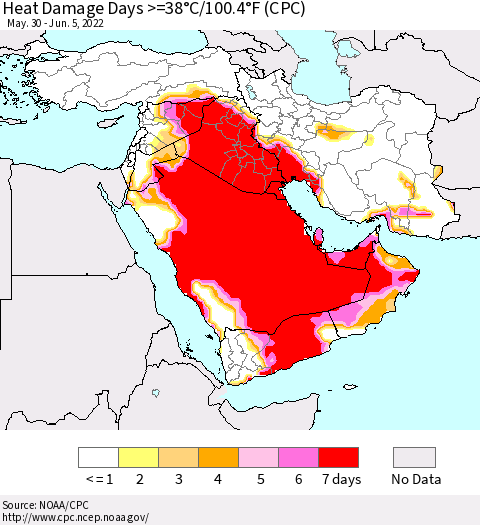 Middle East and Turkey Heat Damage Days >=38°C/100°F (CPC) Thematic Map For 5/30/2022 - 6/5/2022