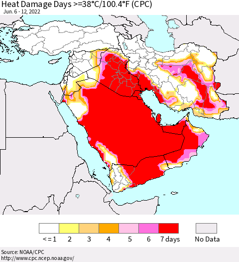 Middle East and Turkey Heat Damage Days >=38°C/100°F (CPC) Thematic Map For 6/6/2022 - 6/12/2022