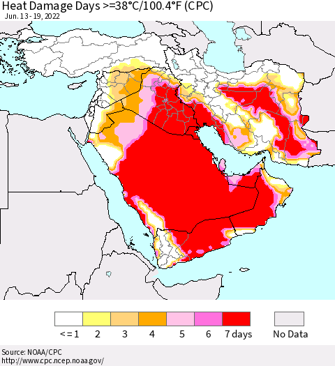 Middle East and Turkey Heat Damage Days >=38°C/100°F (CPC) Thematic Map For 6/13/2022 - 6/19/2022