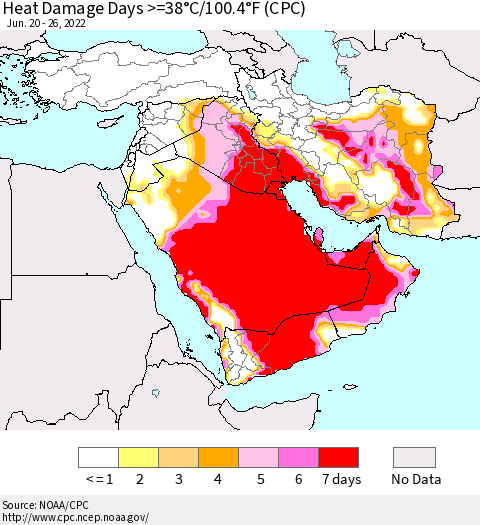 Middle East and Turkey Heat Damage Days >=38°C/100°F (CPC) Thematic Map For 6/20/2022 - 6/26/2022