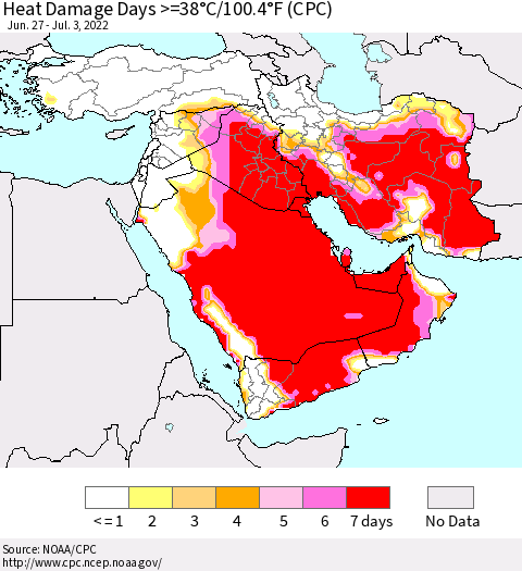 Middle East and Turkey Heat Damage Days >=38°C/100°F (CPC) Thematic Map For 6/27/2022 - 7/3/2022