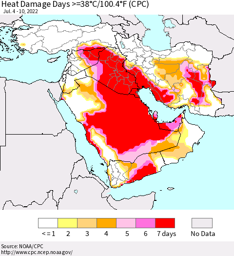 Middle East and Turkey Heat Damage Days >=38°C/100°F (CPC) Thematic Map For 7/4/2022 - 7/10/2022