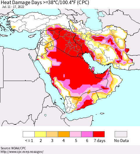 Middle East and Turkey Heat Damage Days >=38°C/100°F (CPC) Thematic Map For 7/11/2022 - 7/17/2022