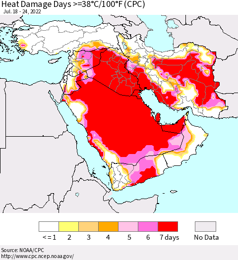 Middle East and Turkey Heat Damage Days >=38°C/100°F (CPC) Thematic Map For 7/18/2022 - 7/24/2022