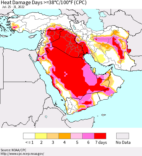 Middle East and Turkey Heat Damage Days >=38°C/100°F (CPC) Thematic Map For 7/25/2022 - 7/31/2022