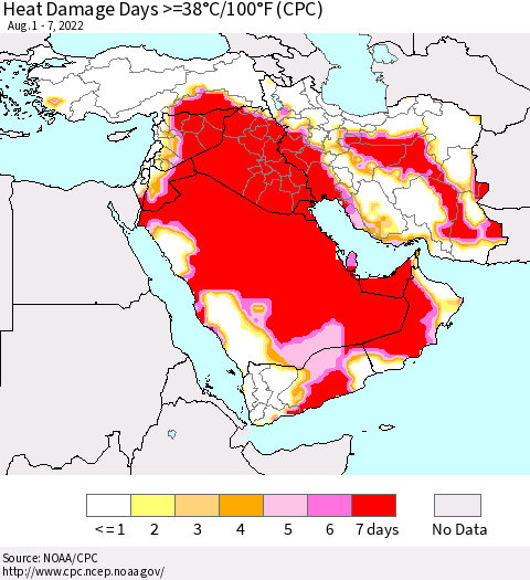 Middle East and Turkey Heat Damage Days >=38°C/100°F (CPC) Thematic Map For 8/1/2022 - 8/7/2022