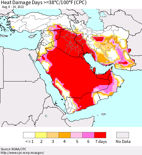 Middle East and Turkey Heat Damage Days >=38°C/100°F (CPC) Thematic Map For 8/8/2022 - 8/14/2022