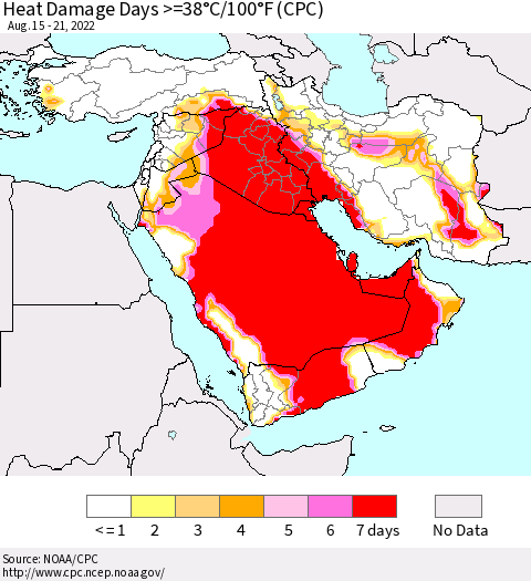 Middle East and Turkey Heat Damage Days >=38°C/100°F (CPC) Thematic Map For 8/15/2022 - 8/21/2022