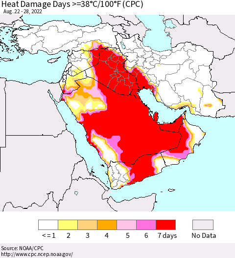 Middle East and Turkey Heat Damage Days >=38°C/100°F (CPC) Thematic Map For 8/22/2022 - 8/28/2022