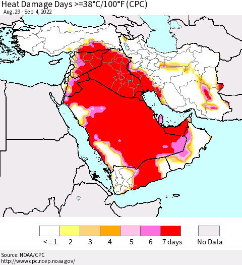 Middle East and Turkey Heat Damage Days >=38°C/100°F (CPC) Thematic Map For 8/29/2022 - 9/4/2022
