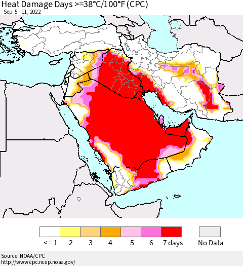 Middle East and Turkey Heat Damage Days >=38°C/100°F (CPC) Thematic Map For 9/5/2022 - 9/11/2022