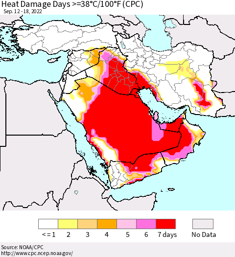 Middle East and Turkey Heat Damage Days >=38°C/100°F (CPC) Thematic Map For 9/12/2022 - 9/18/2022