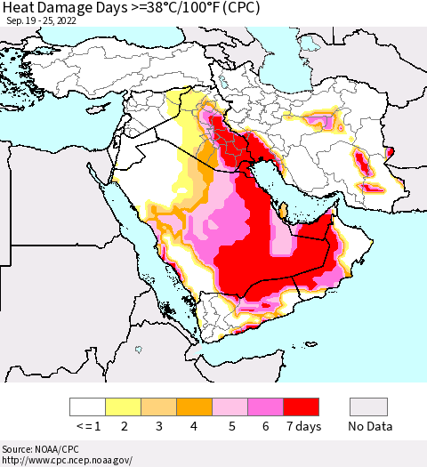 Middle East and Turkey Heat Damage Days >=38°C/100°F (CPC) Thematic Map For 9/19/2022 - 9/25/2022