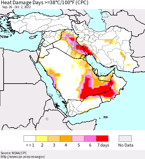 Middle East and Turkey Heat Damage Days >=38°C/100°F (CPC) Thematic Map For 9/26/2022 - 10/2/2022