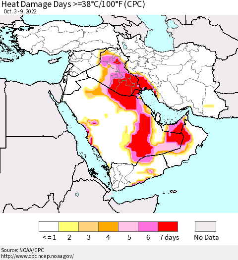 Middle East and Turkey Heat Damage Days >=38°C/100°F (CPC) Thematic Map For 10/3/2022 - 10/9/2022