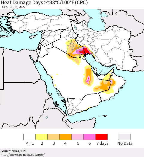 Middle East and Turkey Heat Damage Days >=38°C/100°F (CPC) Thematic Map For 10/10/2022 - 10/16/2022