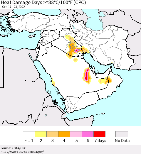 Middle East and Turkey Heat Damage Days >=38°C/100°F (CPC) Thematic Map For 10/17/2022 - 10/23/2022