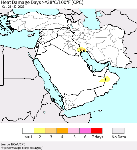 Middle East and Turkey Heat Damage Days >=38°C/100°F (CPC) Thematic Map For 10/24/2022 - 10/30/2022