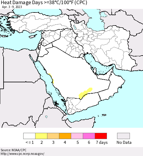 Middle East and Turkey Heat Damage Days >=38°C/100°F (CPC) Thematic Map For 4/3/2023 - 4/9/2023
