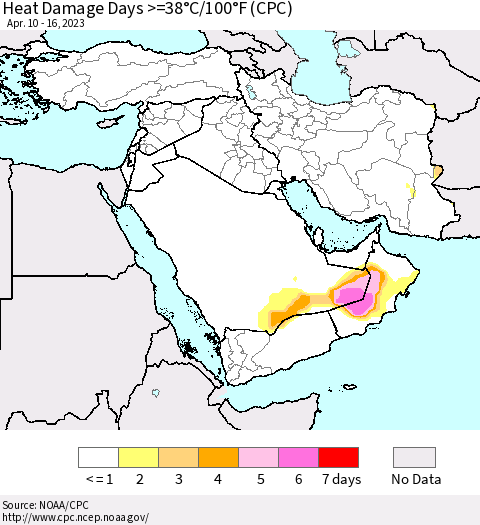 Middle East and Turkey Heat Damage Days >=38°C/100°F (CPC) Thematic Map For 4/10/2023 - 4/16/2023