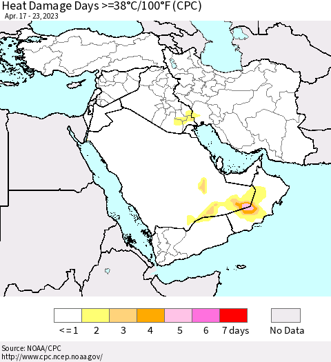 Middle East and Turkey Heat Damage Days >=38°C/100°F (CPC) Thematic Map For 4/17/2023 - 4/23/2023