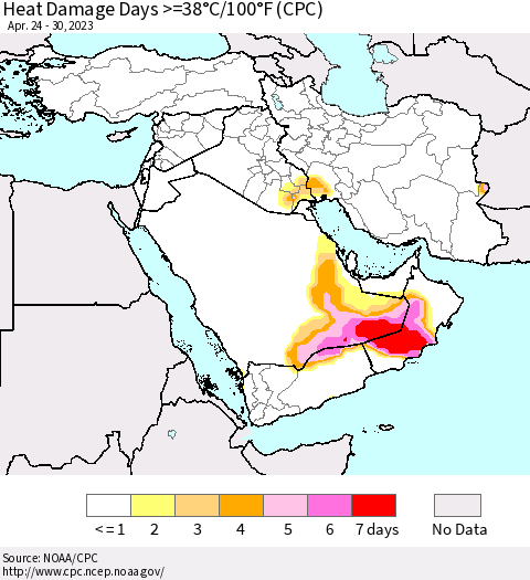 Middle East and Turkey Heat Damage Days >=38°C/100°F (CPC) Thematic Map For 4/24/2023 - 4/30/2023