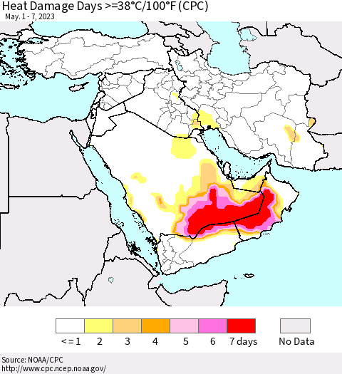 Middle East and Turkey Heat Damage Days >=38°C/100°F (CPC) Thematic Map For 5/1/2023 - 5/7/2023