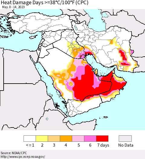 Middle East and Turkey Heat Damage Days >=38°C/100°F (CPC) Thematic Map For 5/8/2023 - 5/14/2023