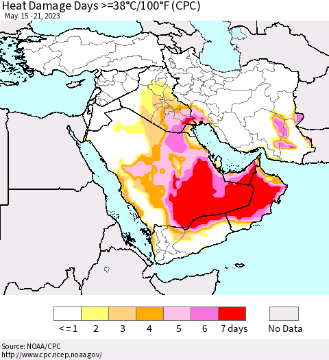 Middle East and Turkey Heat Damage Days >=38°C/100°F (CPC) Thematic Map For 5/15/2023 - 5/21/2023