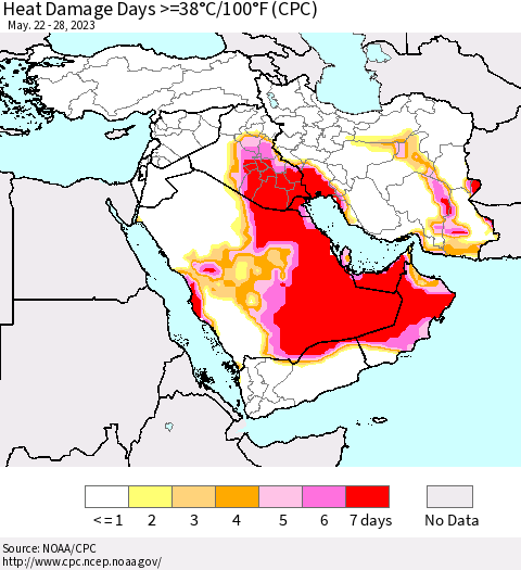 Middle East and Turkey Heat Damage Days >=38°C/100°F (CPC) Thematic Map For 5/22/2023 - 5/28/2023