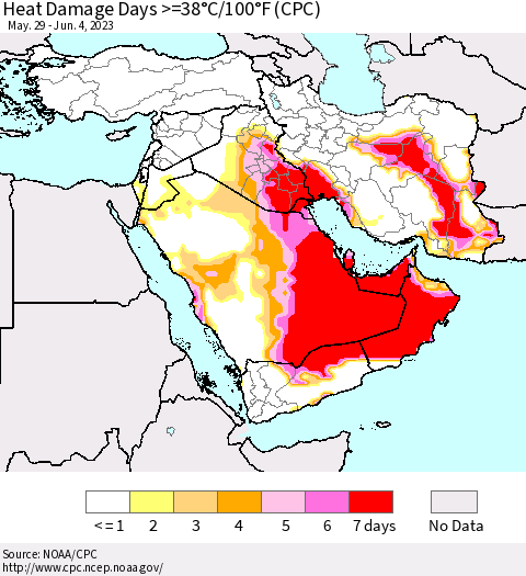 Middle East and Turkey Heat Damage Days >=38°C/100°F (CPC) Thematic Map For 5/29/2023 - 6/4/2023