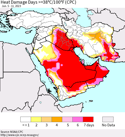 Middle East and Turkey Heat Damage Days >=38°C/100°F (CPC) Thematic Map For 6/5/2023 - 6/11/2023