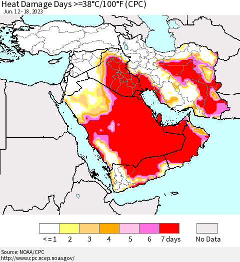 Middle East and Turkey Heat Damage Days >=38°C/100°F (CPC) Thematic Map For 6/12/2023 - 6/18/2023