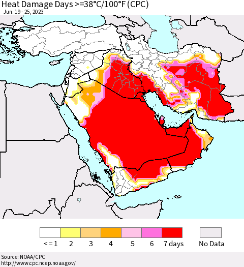 Middle East and Turkey Heat Damage Days >=38°C/100°F (CPC) Thematic Map For 6/19/2023 - 6/25/2023