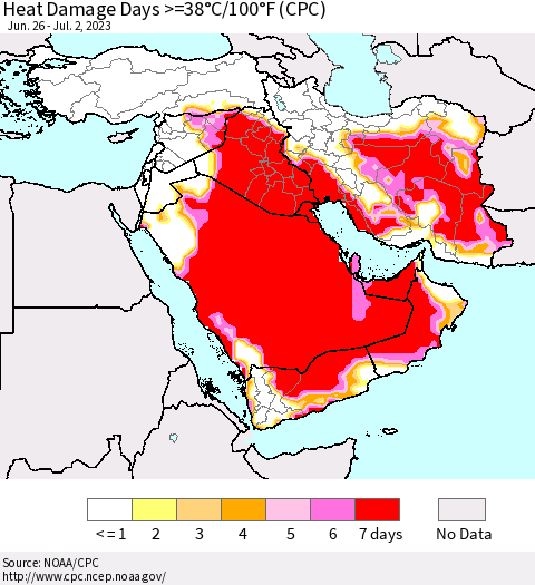 Middle East and Turkey Heat Damage Days >=38°C/100°F (CPC) Thematic Map For 6/26/2023 - 7/2/2023