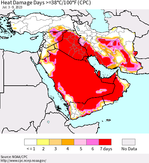 Middle East and Turkey Heat Damage Days >=38°C/100°F (CPC) Thematic Map For 7/3/2023 - 7/9/2023