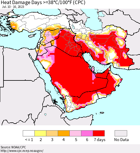 Middle East and Turkey Heat Damage Days >=38°C/100°F (CPC) Thematic Map For 7/10/2023 - 7/16/2023
