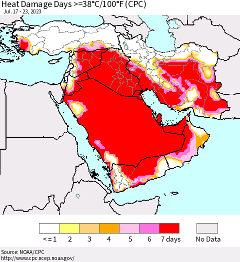 Middle East and Turkey Heat Damage Days >=38°C/100°F (CPC) Thematic Map For 7/17/2023 - 7/23/2023