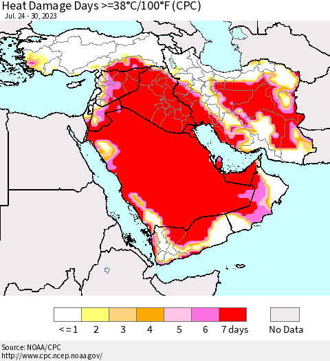 Middle East and Turkey Heat Damage Days >=38°C/100°F (CPC) Thematic Map For 7/24/2023 - 7/30/2023